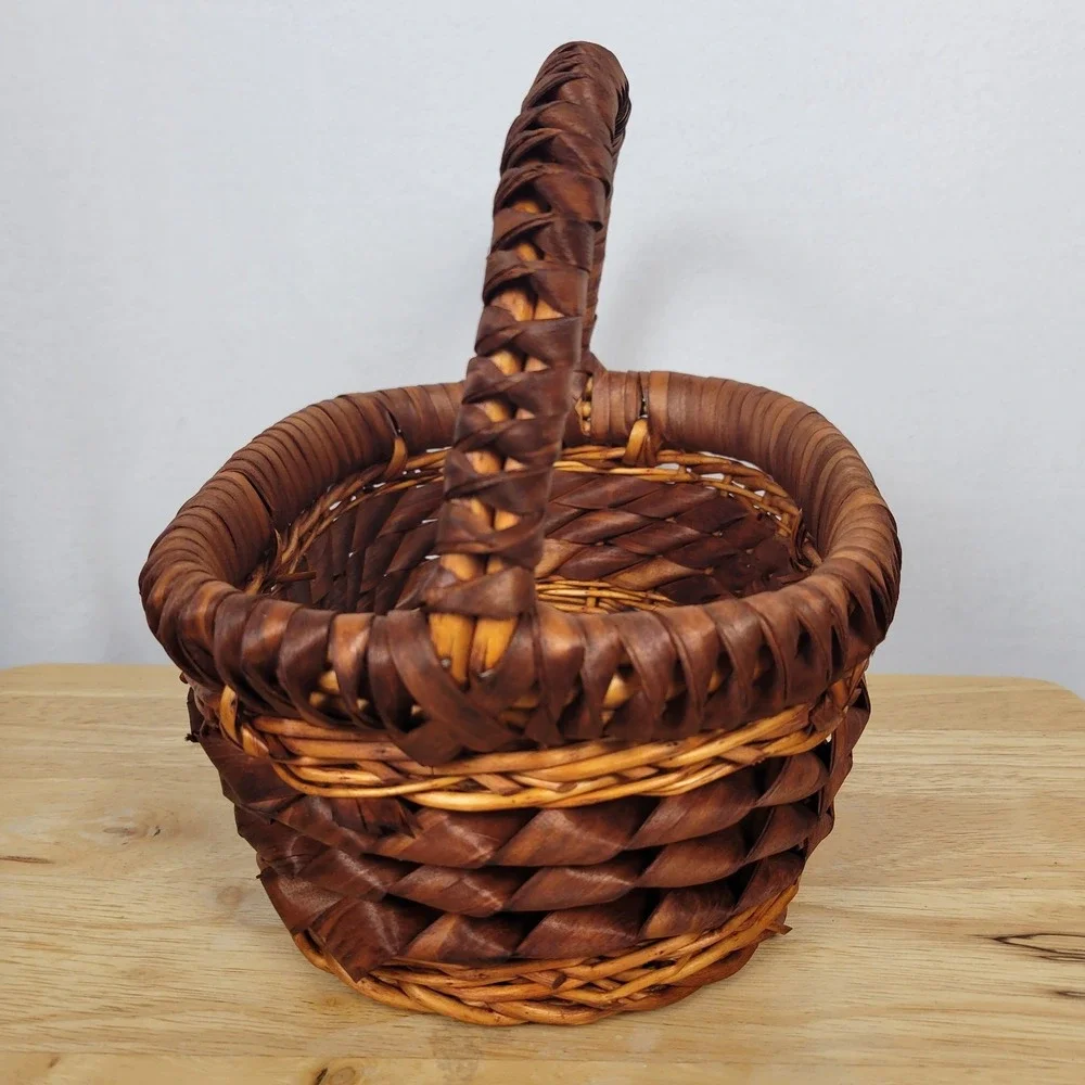 Vintage Woven Curl Splint Basket Wood Ribbon Gathering Farmhouse Oval 12x8.5x5